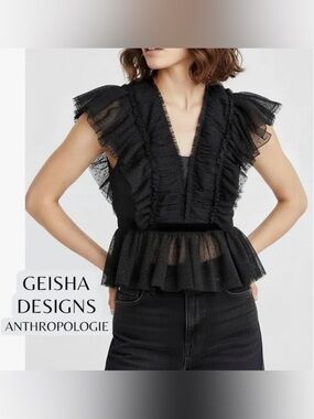 Anthropologie Geisha Designs Ruffled Tulle Blouse In Black Size XS New With Tags